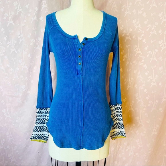 Free People Apres Ski Blue Waffle Knit Long Sleeve Button Front Layering Shirt - Picture 2 of 9